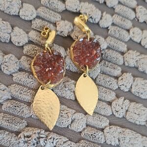 Gold and Wine-Brown Dangle Earrings